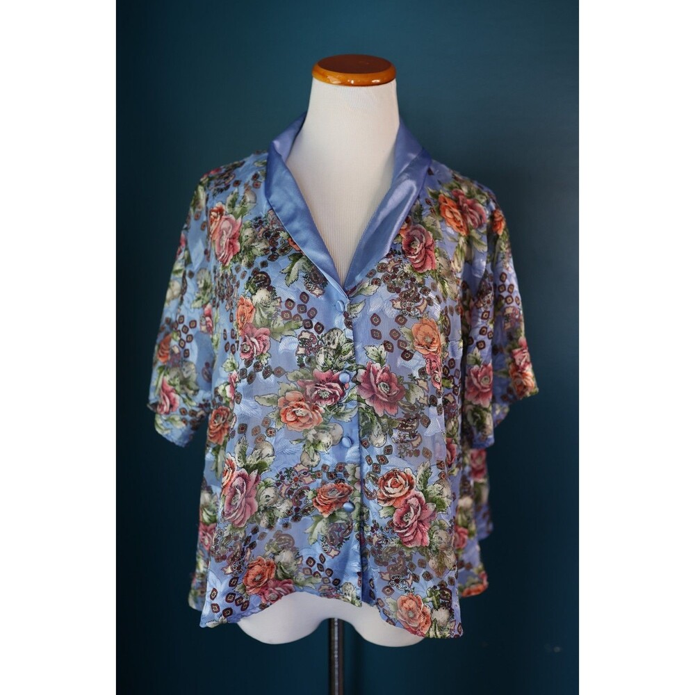 Vintage Victoria’s Secret Gold Label Cropped Button Down Top Sheer Floral Large